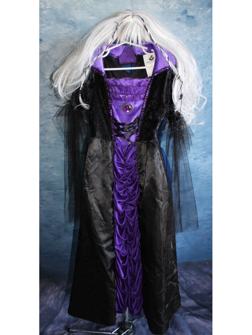 Spirit Halloween Girls Purple Black Vampire Witch Long Dress With White Wig ~S~